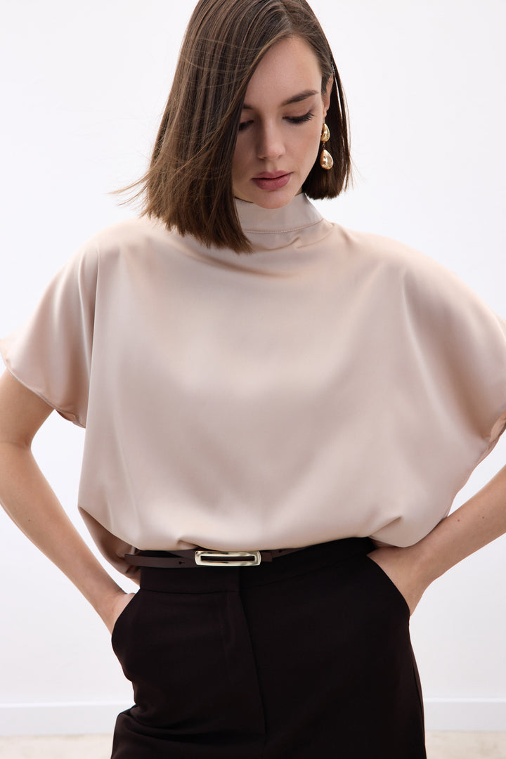 Sateen Blouse Ample à Manches Chauve-Souris - Beige