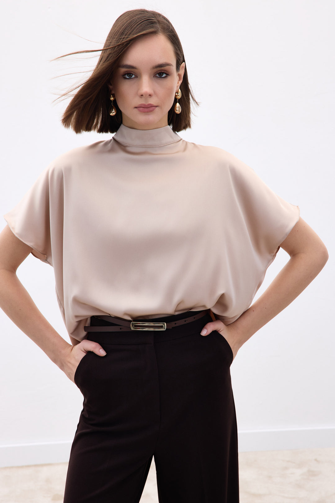 Sateen Blouse Ample à Manches Chauve-Souris - Beige