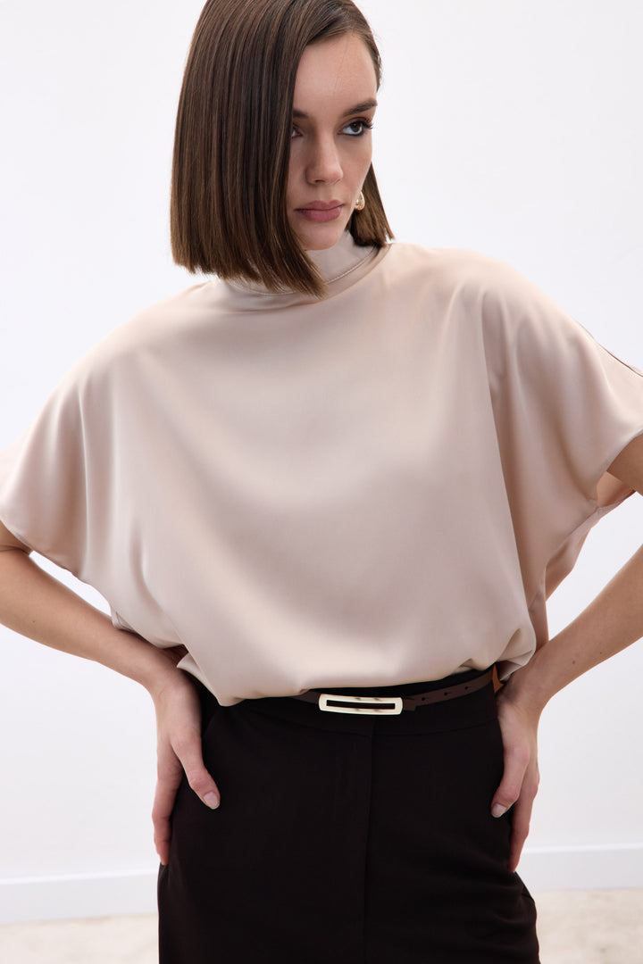 Sateen Blouse Ample à Manches Chauve-Souris - Beige
