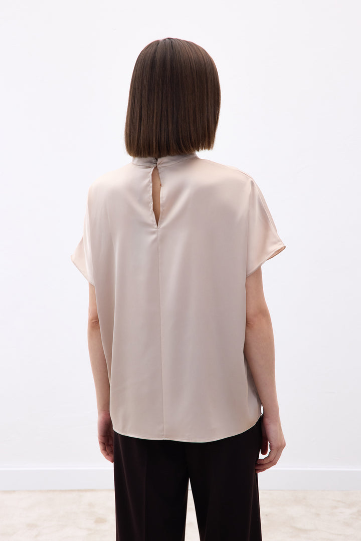 Sateen Blouse Ample à Manches Chauve-Souris - Beige