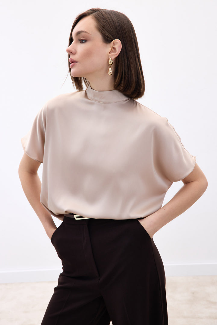 Sateen Blouse Ample à Manches Chauve-Souris - Beige