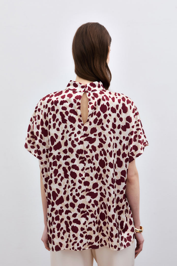 Sateen Blouse ample à manches chauve-souris - Beige-Bordeaux