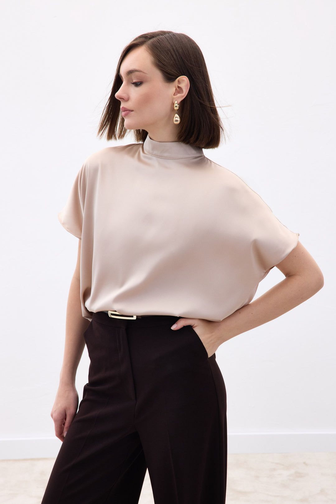Sateen Blouse Ample à Manches Chauve-Souris - Beige
