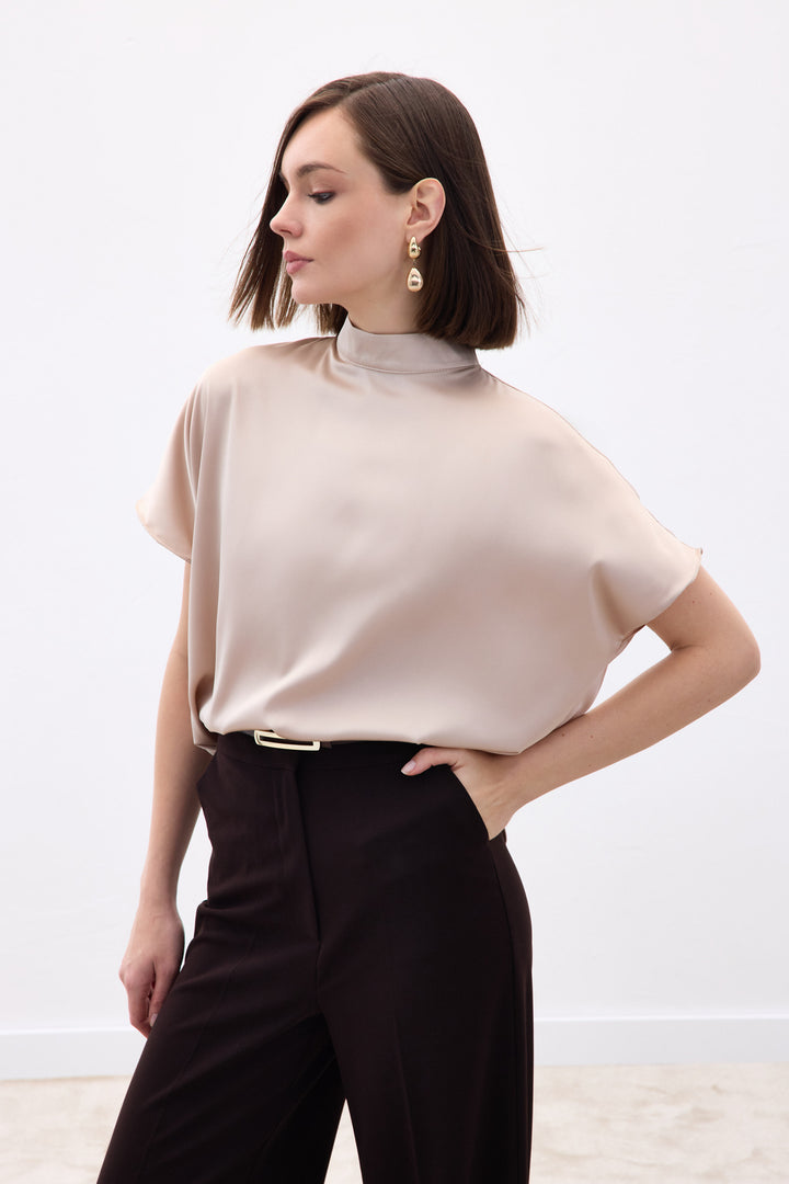Sateen Blouse Ample à Manches Chauve-Souris - Beige