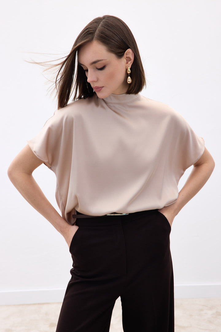 Sateen Blouse Ample à Manches Chauve-Souris - Beige