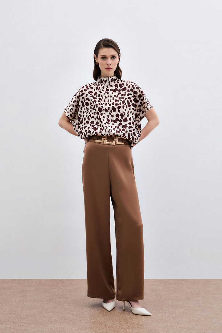 Sateen Blouse ample à manches chauve-souris - Beige-Marron