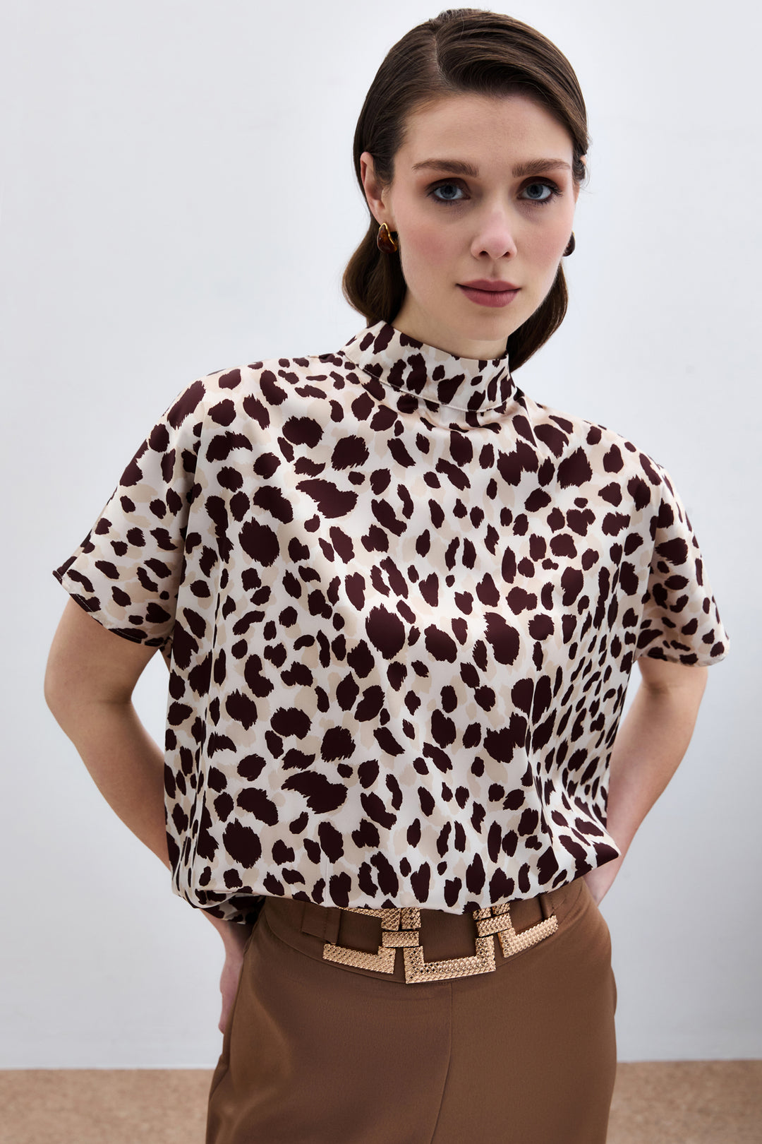 Sateen Blouse ample à manches chauve-souris - Beige-Marron