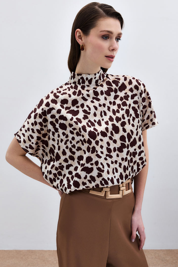 Sateen Blouse ample à manches chauve-souris - Beige-Marron