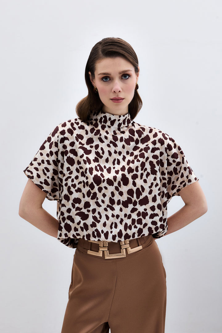 Sateen Blouse ample à manches chauve-souris - Beige-Marron