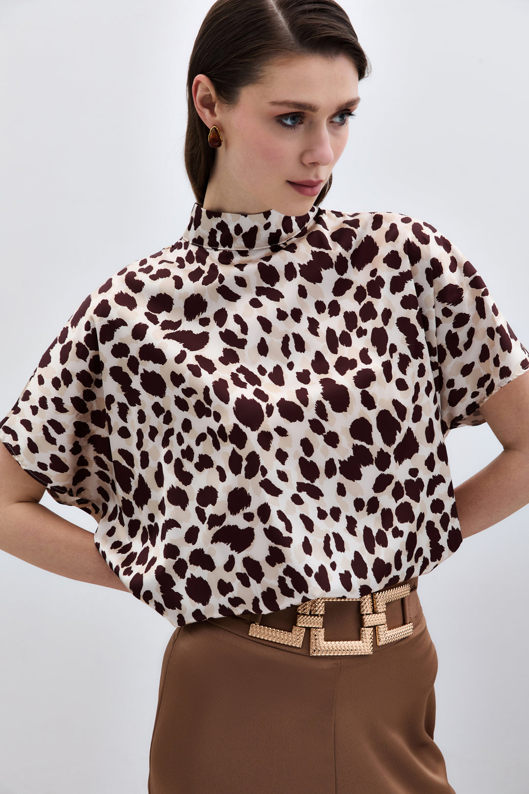 Sateen Blouse ample à manches chauve-souris - Beige-Marron