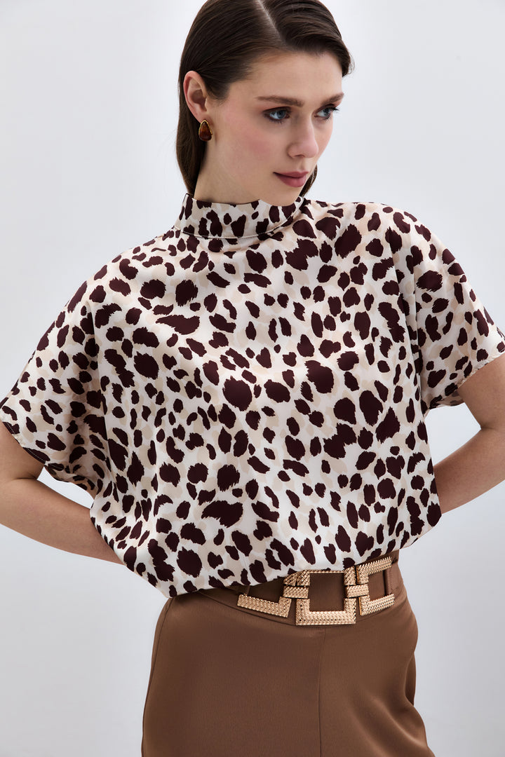 Sateen Blouse ample à manches chauve-souris - Beige-Marron