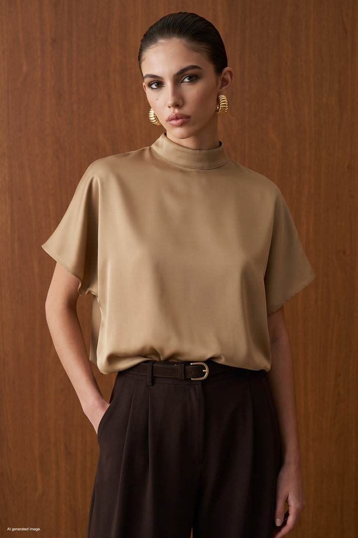 Sateen Blouse ample à manches chauve-souris - Camel