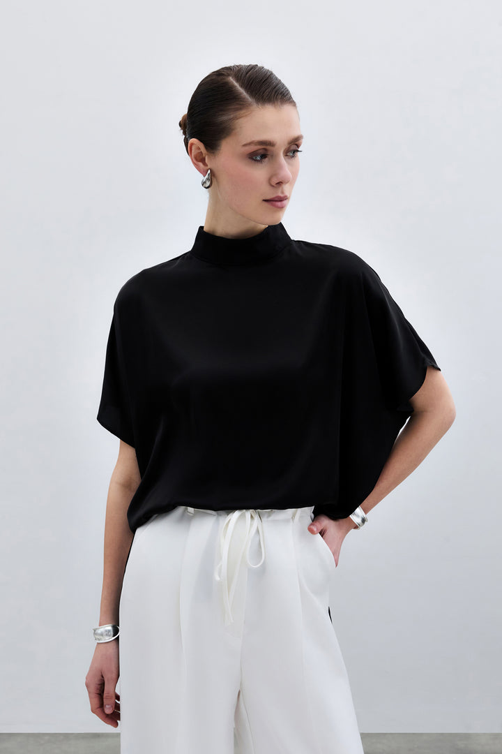 Sateen Blouse ample à manches chauve-souris - düz Noir