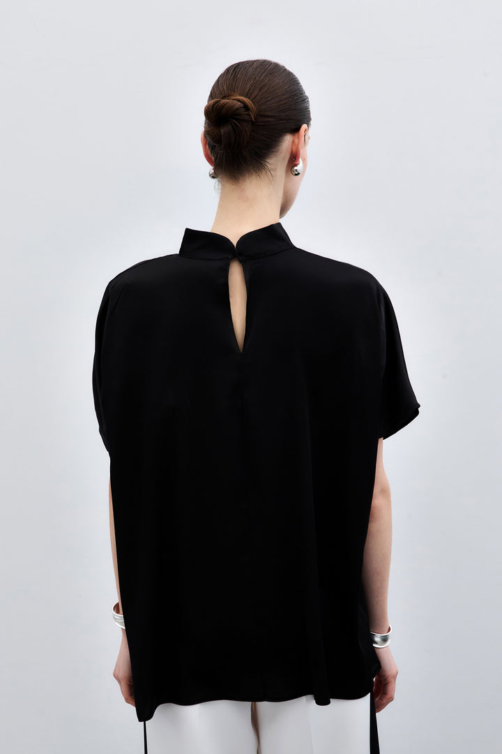 Sateen Blouse ample à manches chauve-souris - düz Noir