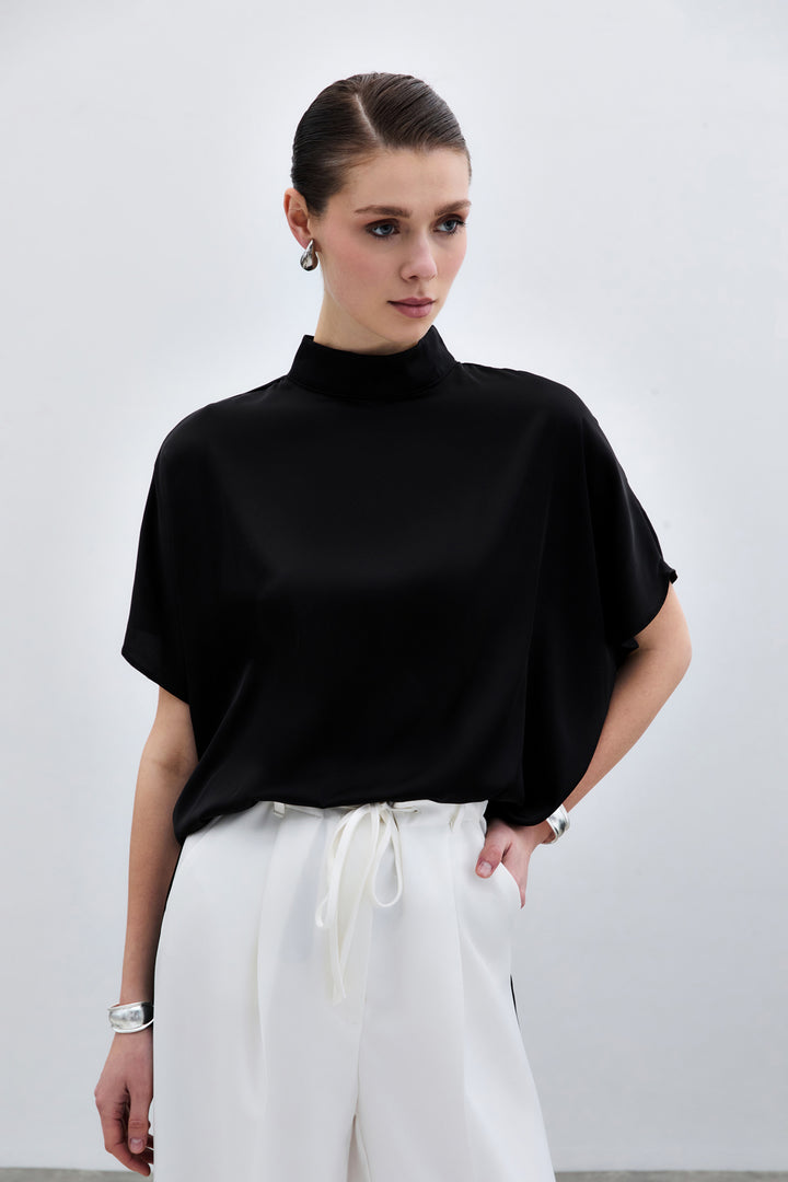 Sateen Blouse ample à manches chauve-souris - düz Noir