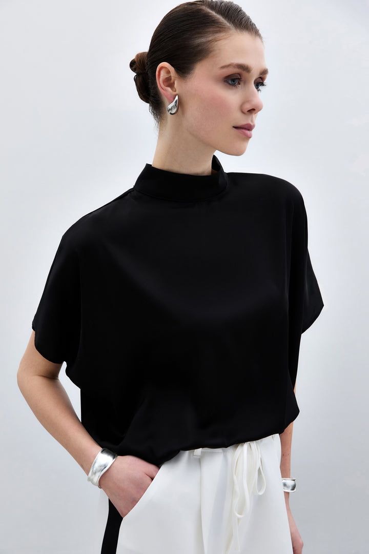 Sateen Blouse ample à manches chauve-souris - düz Noir
