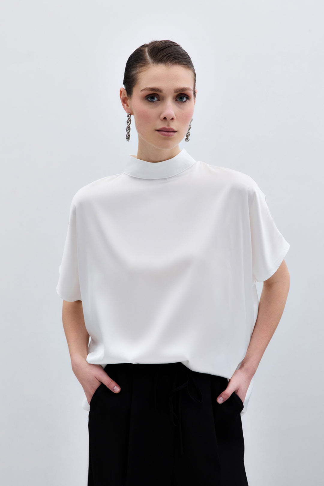 Sateen Blouse Ample à Manches Chauve-Souris - Écru