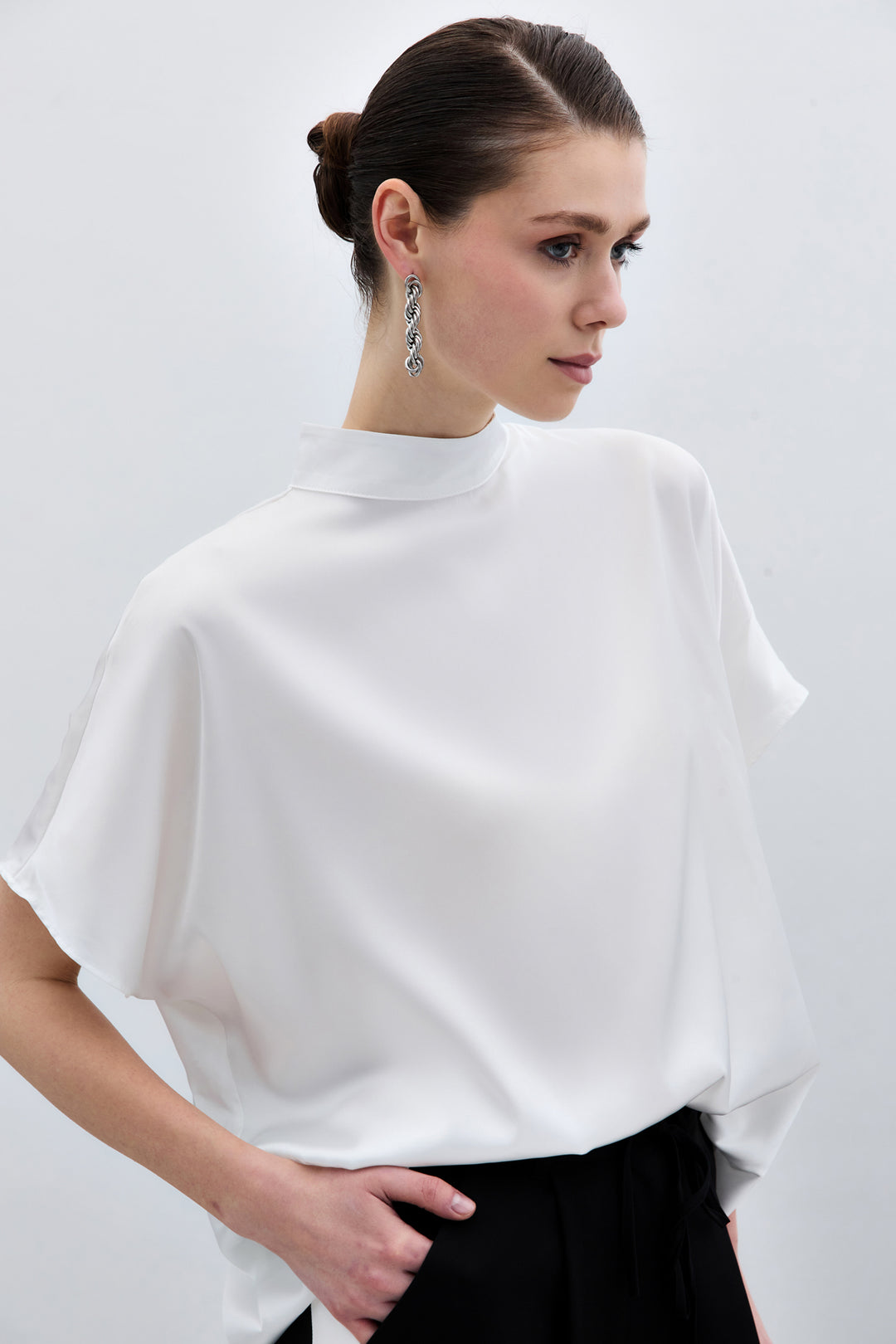 Sateen Blouse Ample à Manches Chauve-Souris - Écru