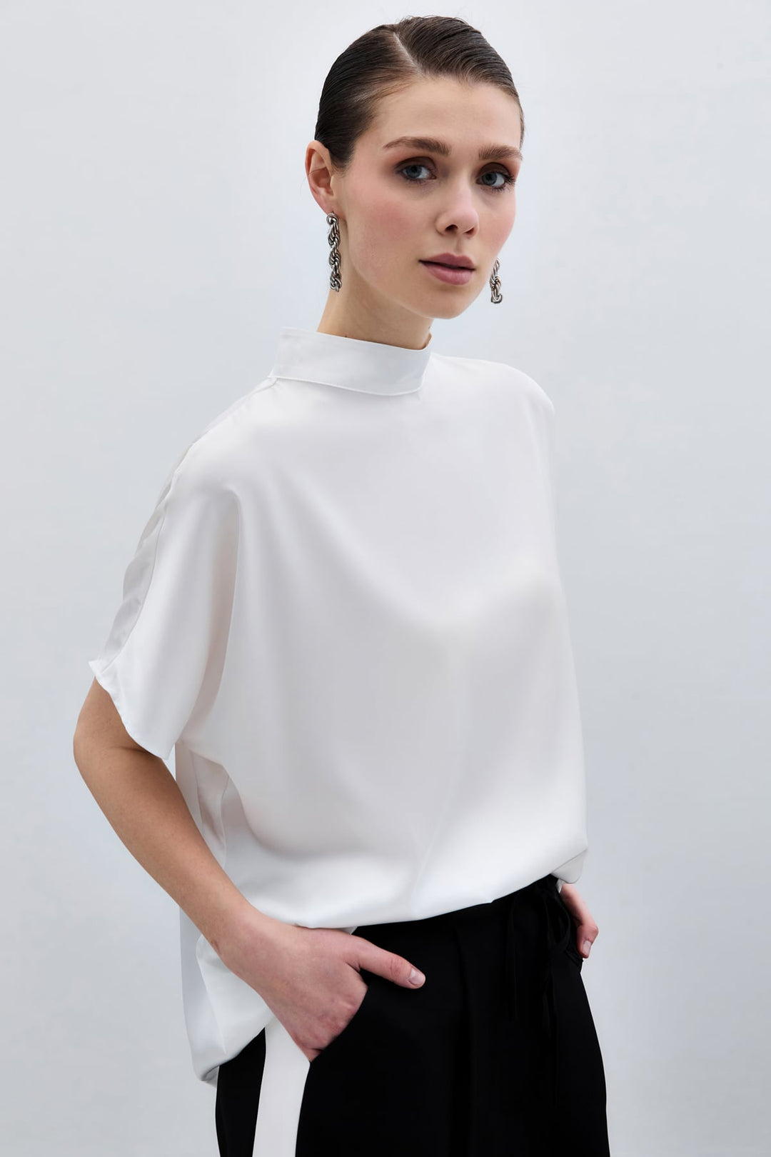 Sateen Blouse Ample à Manches Chauve-Souris - Écru