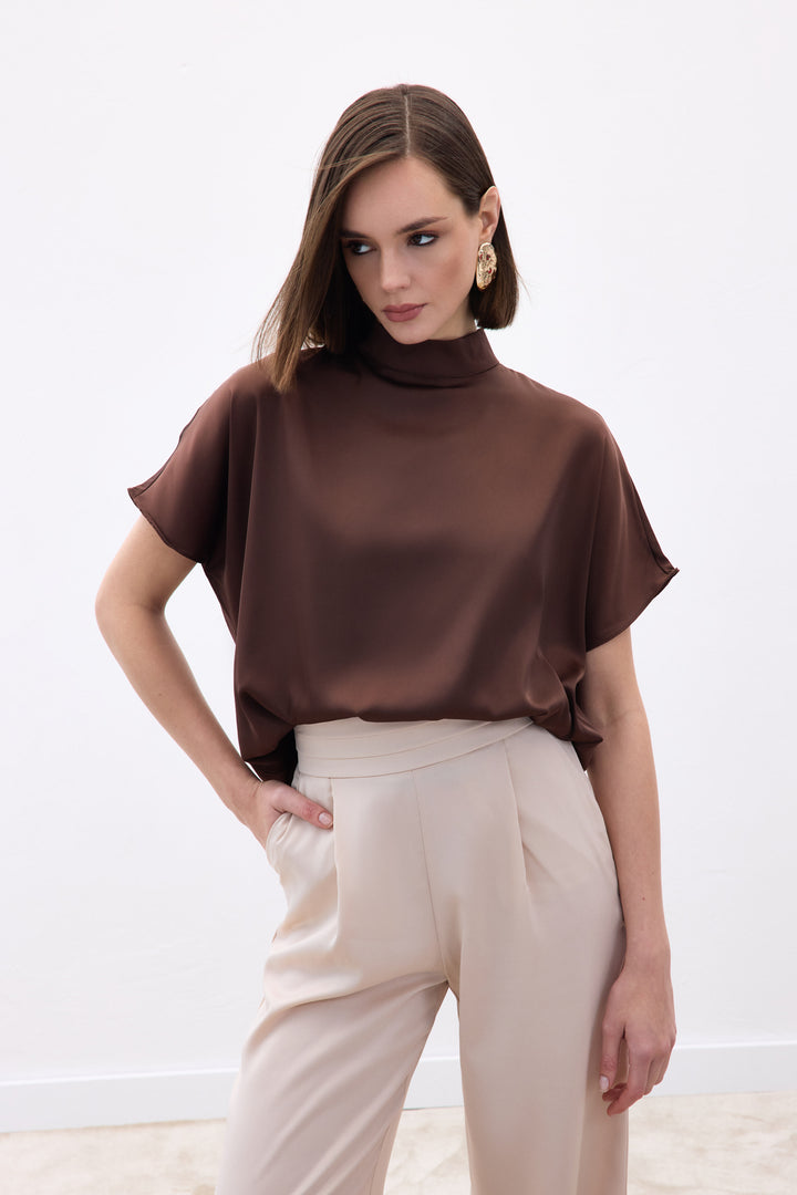Sateen Blouse Ample à Manches Chauve-Souris - Marron