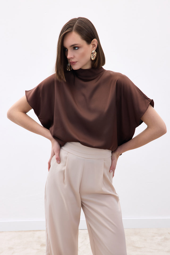 Sateen Blouse Ample à Manches Chauve-Souris - Marron