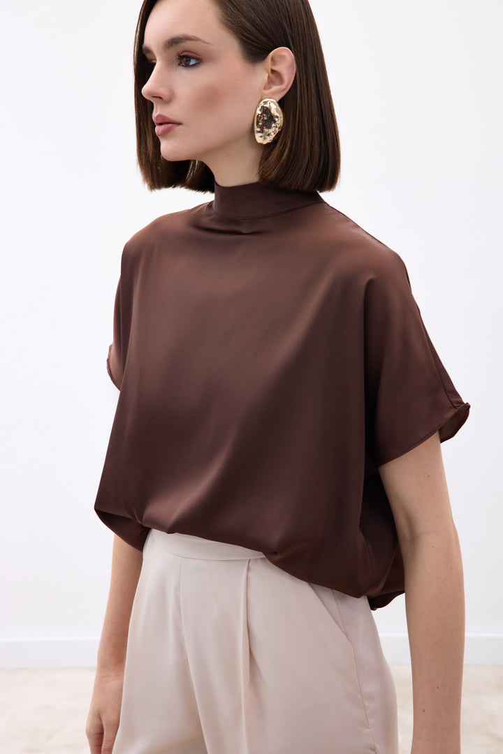 Sateen Blouse Ample à Manches Chauve-Souris - Marron