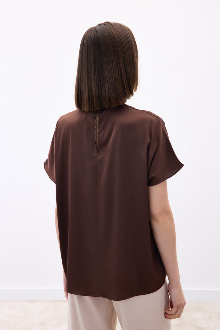 Sateen Blouse Ample à Manches Chauve-Souris - Marron