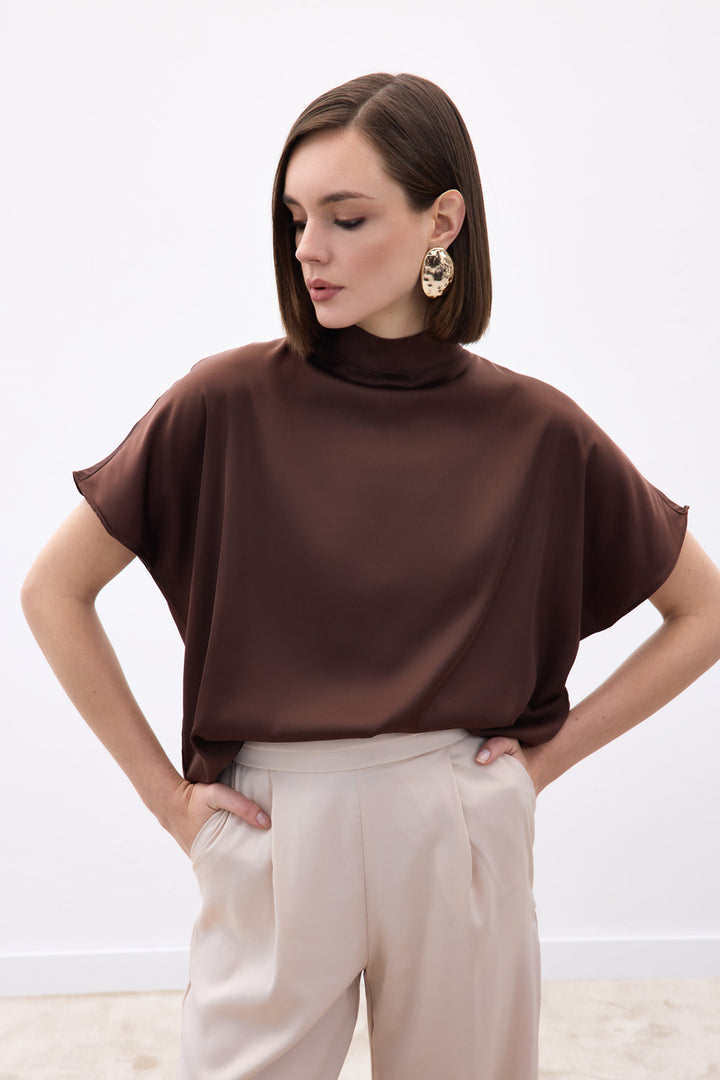 Sateen Blouse Ample à Manches Chauve-Souris - Marron