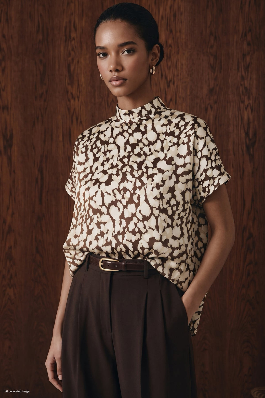 Sateen Blouse ample à manches chauve-souris - Marron / Beige