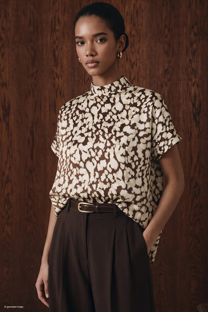 Sateen Blouse ample à manches chauve-souris - Marron / Beige