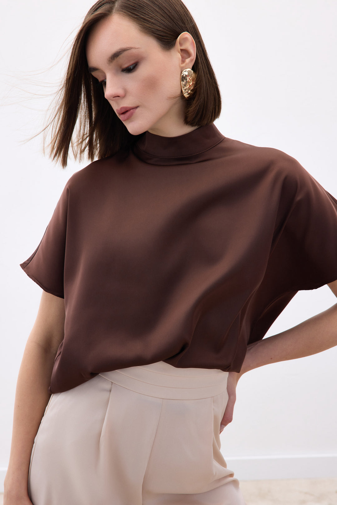 Sateen Blouse Ample à Manches Chauve-Souris - Marron