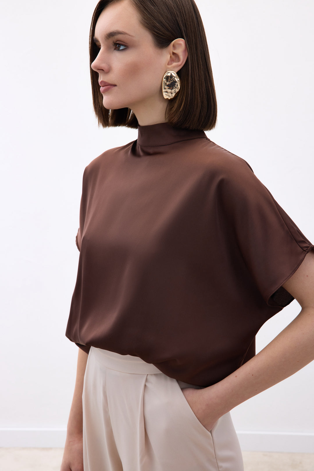 Sateen Blouse Ample à Manches Chauve-Souris - Marron