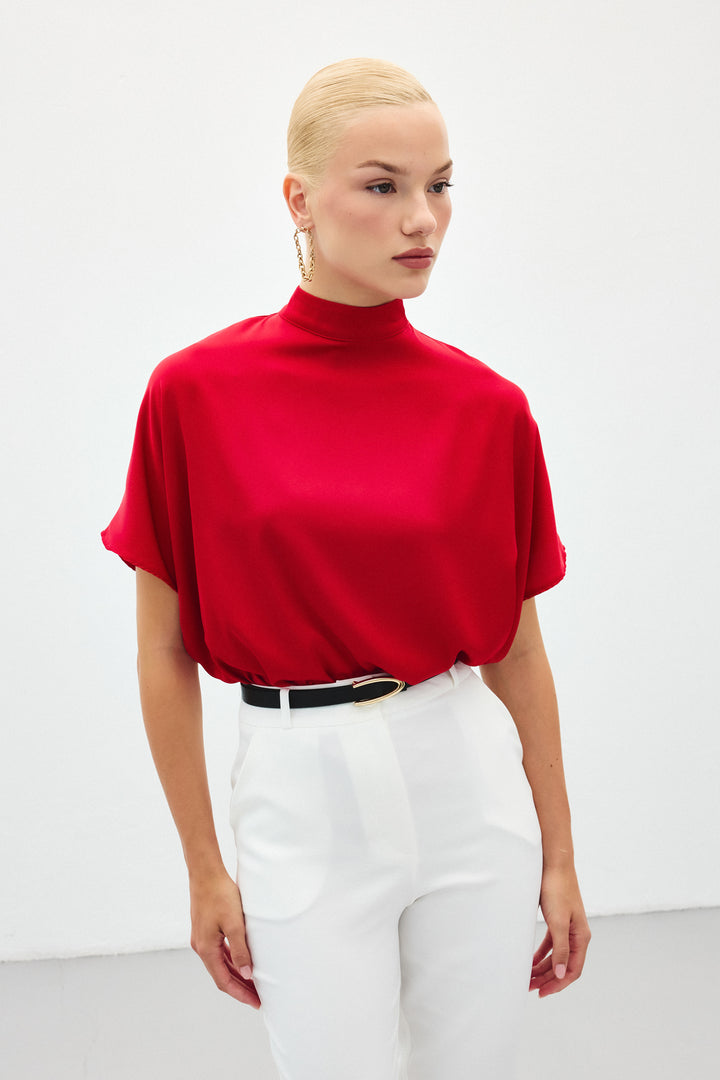 Sateen Blouse ample à manches chauve-souris - Rouge