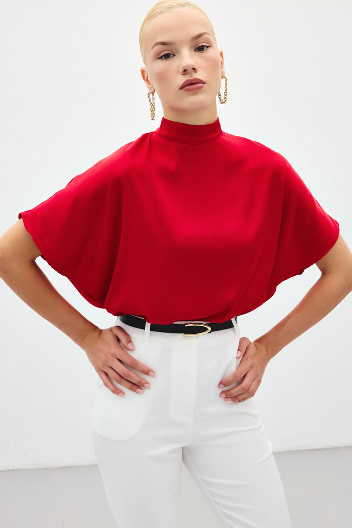 Sateen Blouse ample à manches chauve-souris - Rouge