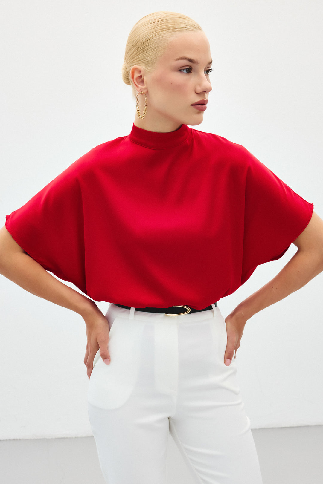 Sateen Blouse ample à manches chauve-souris - Rouge