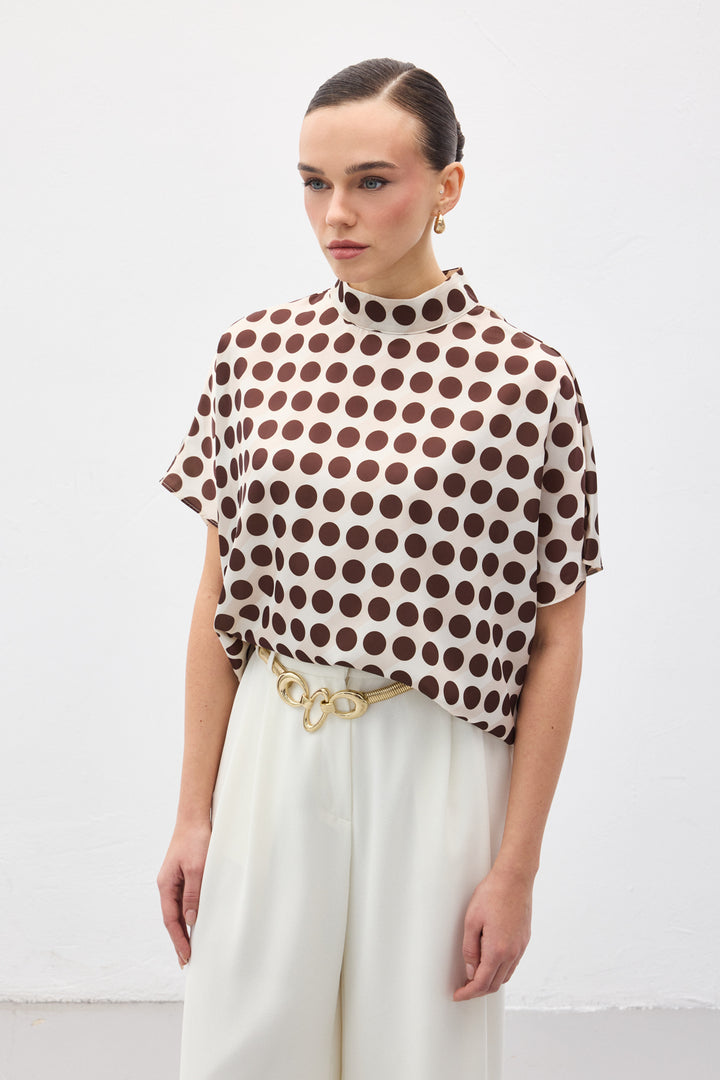 Sateen Blouse Ample à Manches Chauve-Souris - puanli Marron