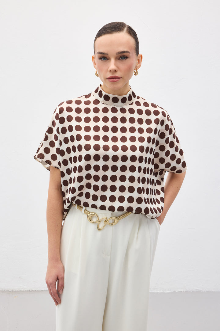 Sateen Blouse Ample à Manches Chauve-Souris - puanli Marron
