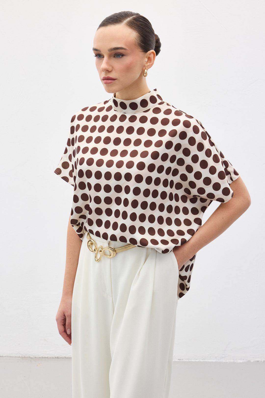 Sateen Blouse Ample à Manches Chauve-Souris - puanli Marron