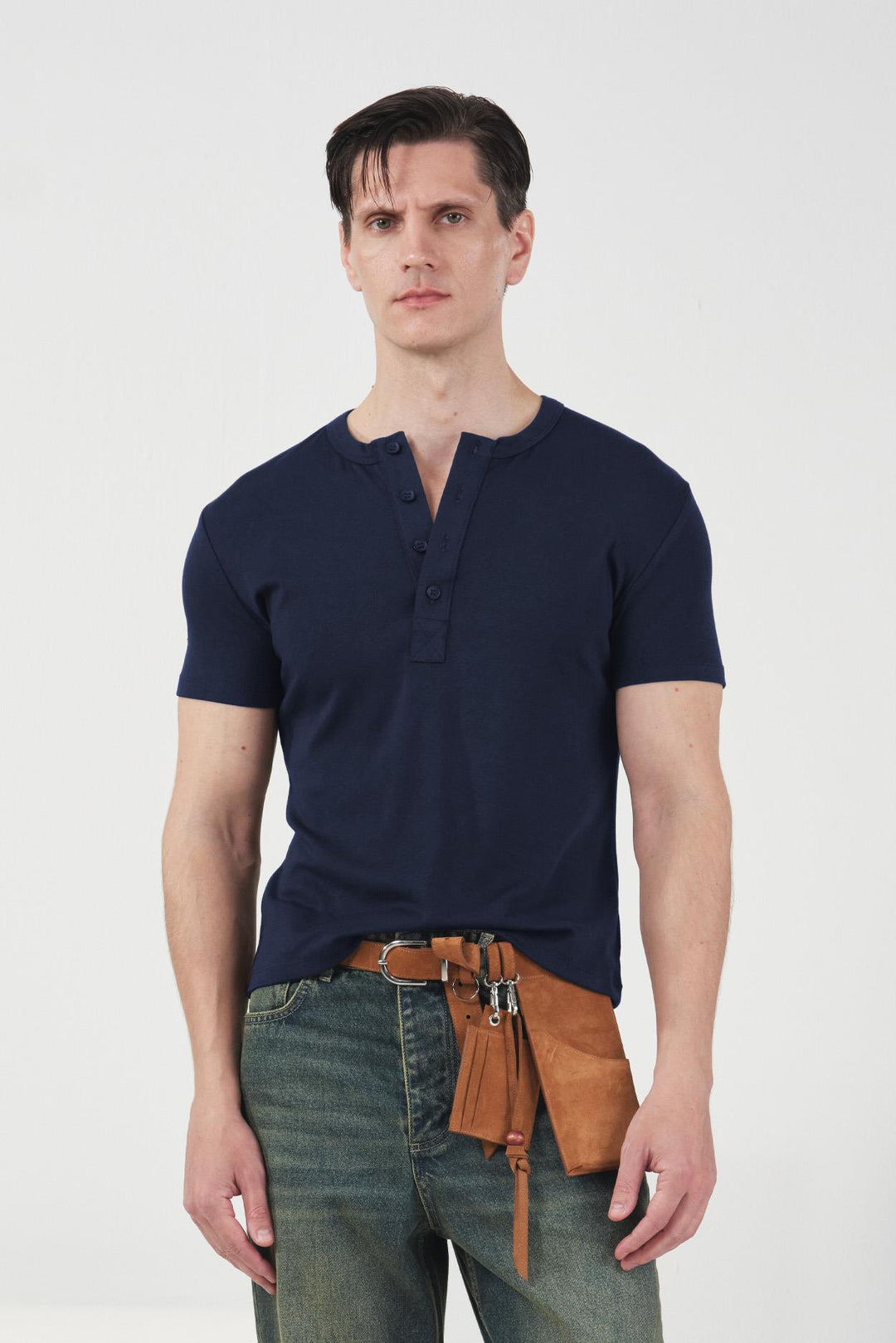 Giesto T-Shirt Bleu marine à Col Boutonné Slim - Bleu marine