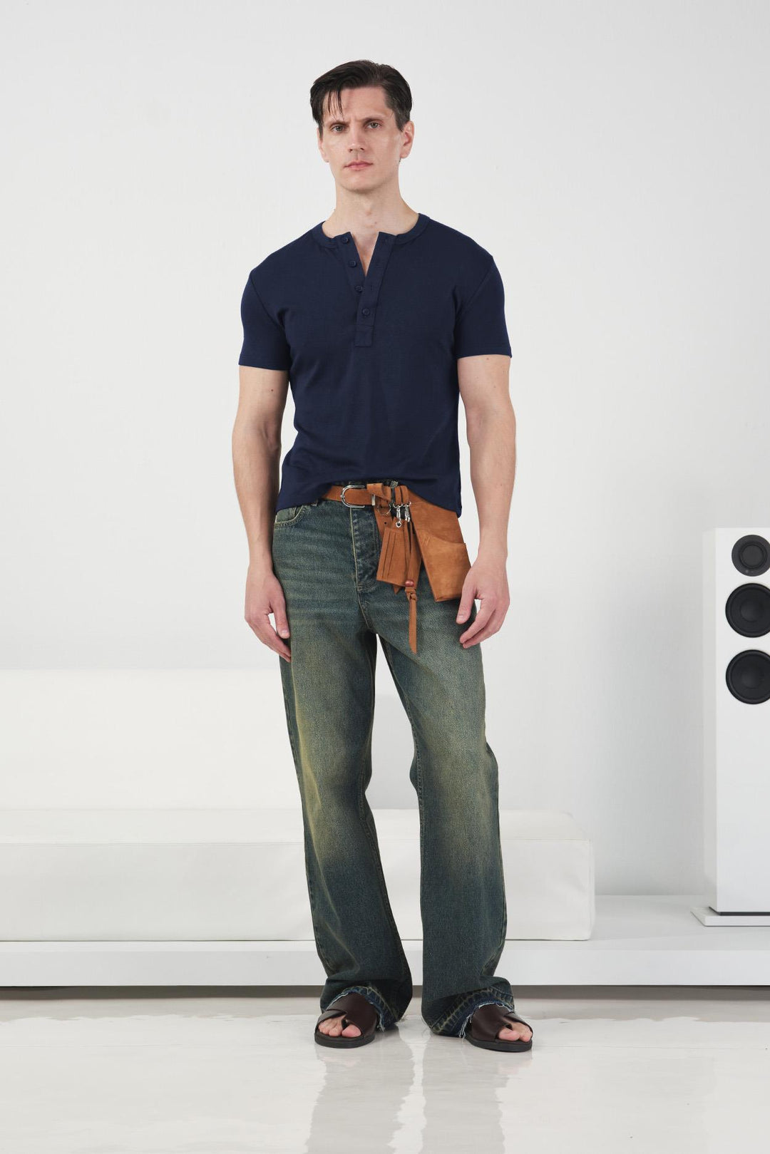 Giesto T-Shirt Bleu marine à Col Boutonné Slim - Bleu marine