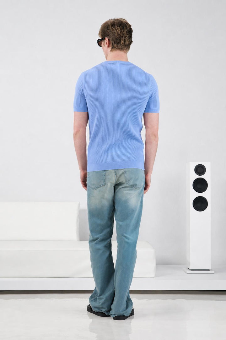 Giesto T-shirt en tricot bleu fin à boutons coupe ajustée - Bleu