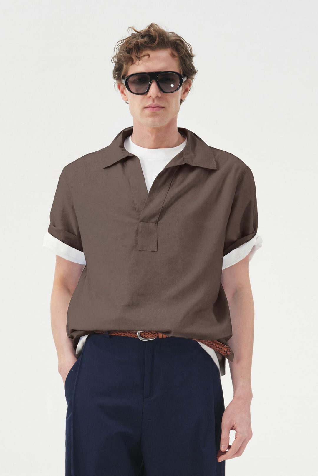 Giesto Chemise en Viscose Marron à Col Boutonné - Marron