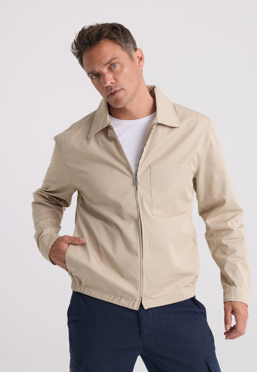 Felix Hardy Veste en coton à col chemise zippée pour homme - Beige