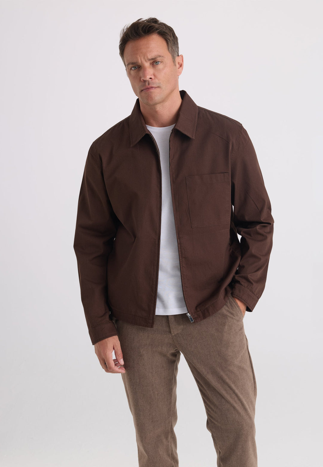 Felix Hardy Veste en coton à col chemise zippée pour homme - Marron