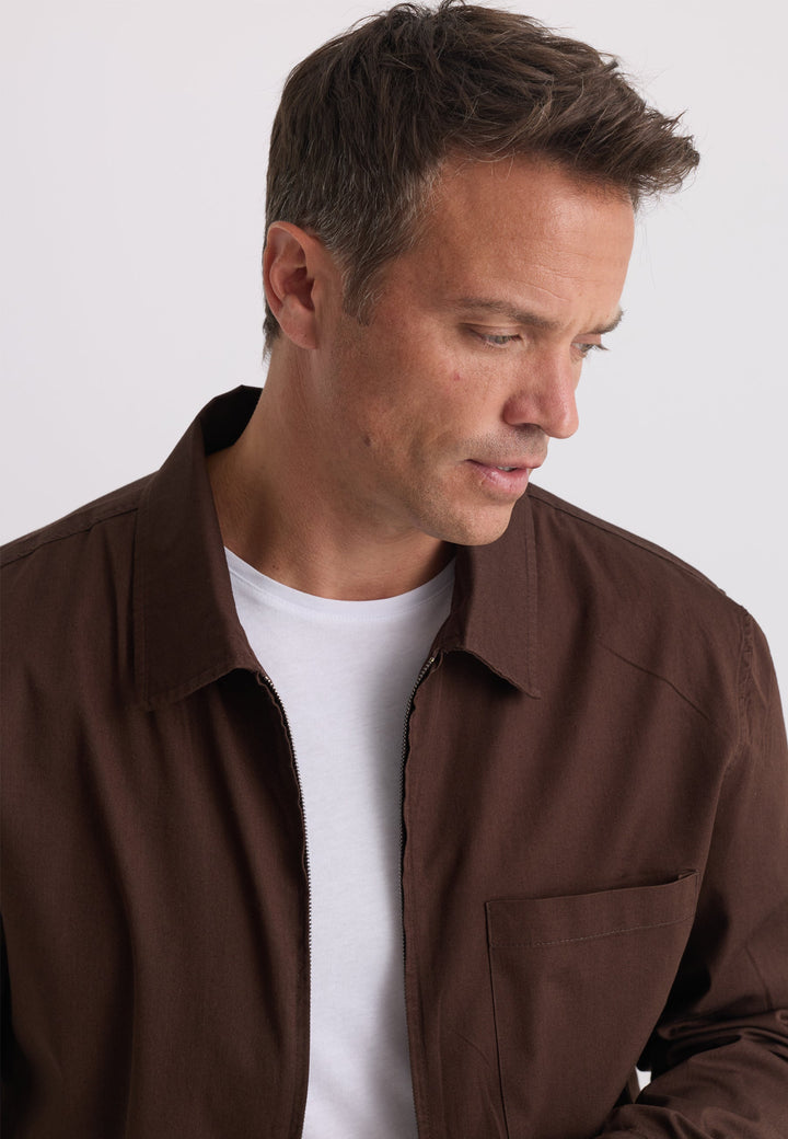 Felix Hardy Veste en coton à col chemise zippée pour homme - Marron