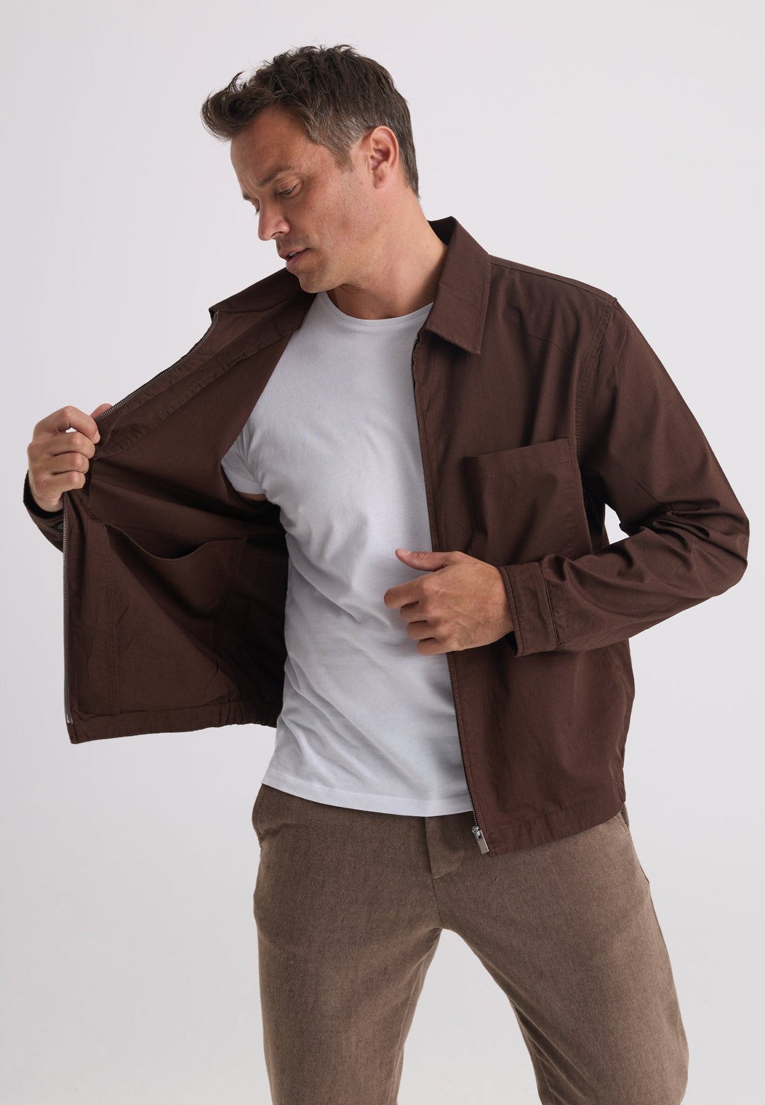 Felix Hardy Veste en coton à col chemise zippée pour homme - Marron