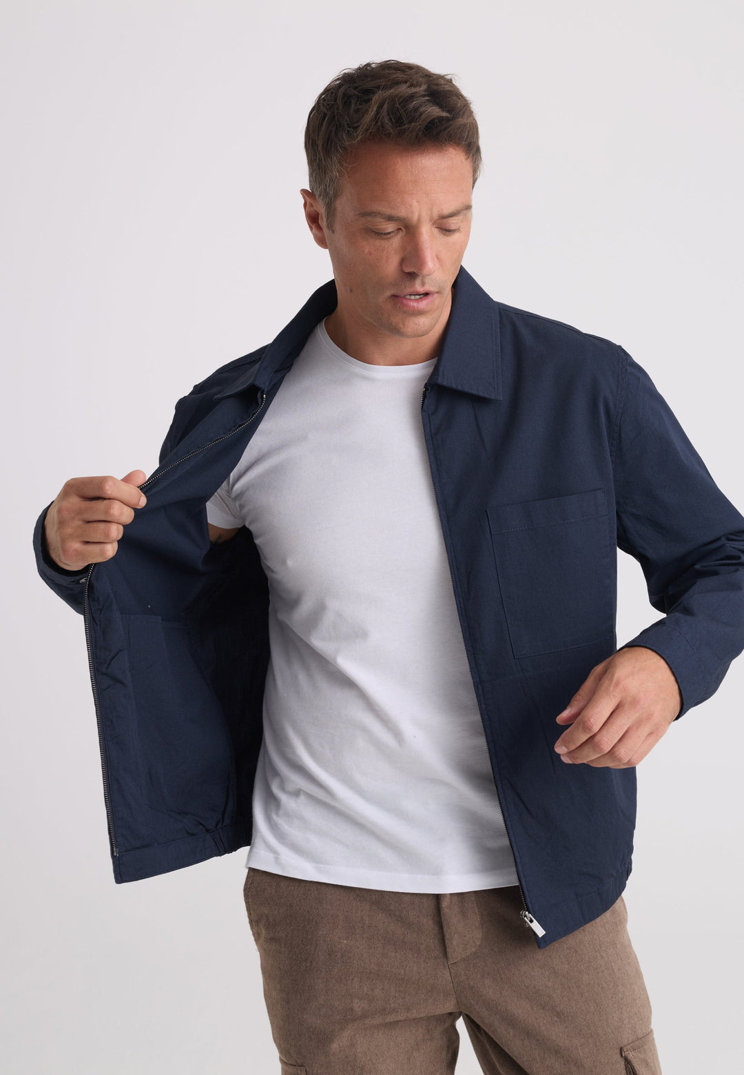 Felix Hardy Veste en coton à col chemise zippée pour homme - Bleu marine