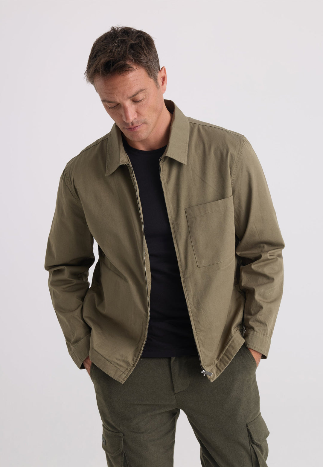 Felix Hardy Veste en coton à col chemise zippée pour homme - Kaki