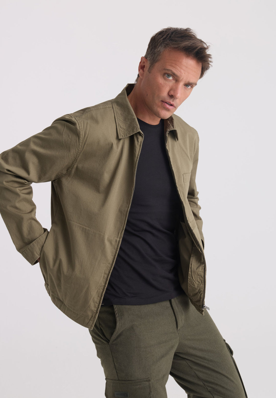 Felix Hardy Veste en coton à col chemise zippée pour homme - Kaki