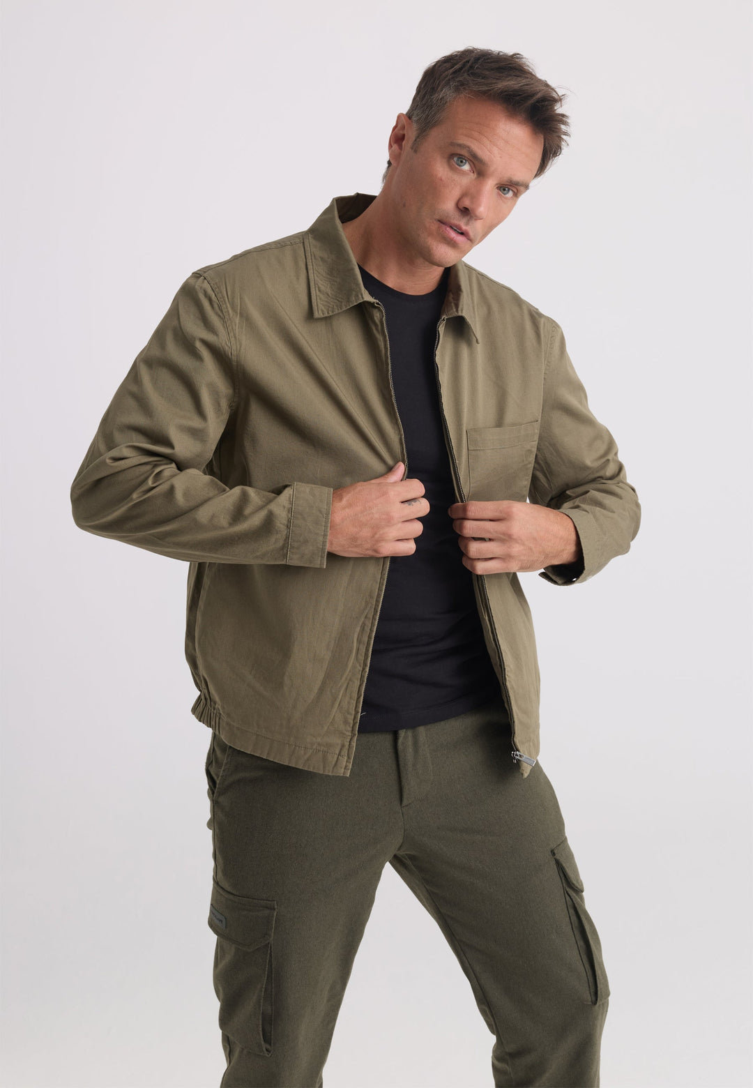 Felix Hardy Veste en coton à col chemise zippée pour homme - Kaki